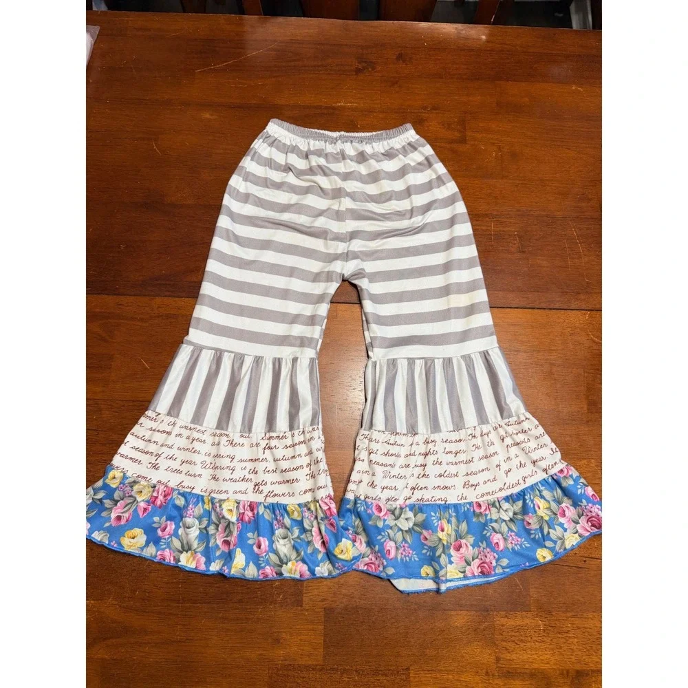 Adorable Sweetness Girls Pant Set 4 Blue Floral Lace Ruffle Script Outfit